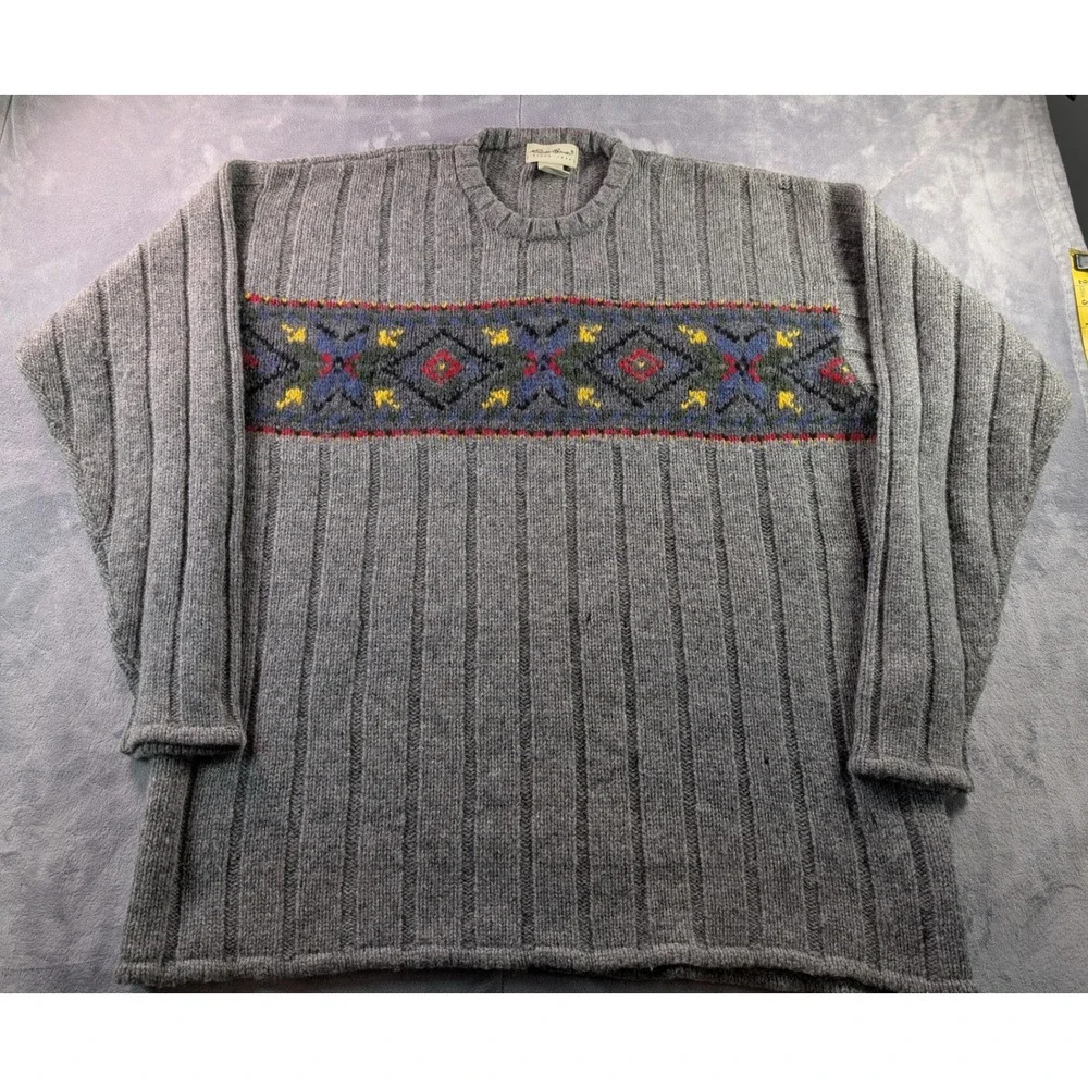 Eddie Bauer Mens Grey Ribbed Fair Isle Crew Neck Wool Blend Sweater XL - Picture 1 of 9